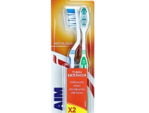 Aim Anti-Plaque Medium Toothbrush Οδοντόβουρτσα με Μέτριες Ίνες Πολλαπλών Γωνιών για Βαθύ Καθαρισμό 2 Τεμάχια – Μπλε / Λαχανί