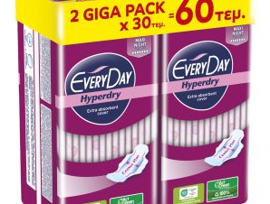 Σετ Every Day Hyperdry Maxi Night Ultra Plus Giga Pack Λεπτές Σερβιέτες Μεγάλου Μήκους με Φτερά Προστασίας, Κατάλληλες για τη Νύχτα ή για Περιπτώσεις Μεγάλης Ροής 60 Τεμάχια (2×30 Τεμάχια)